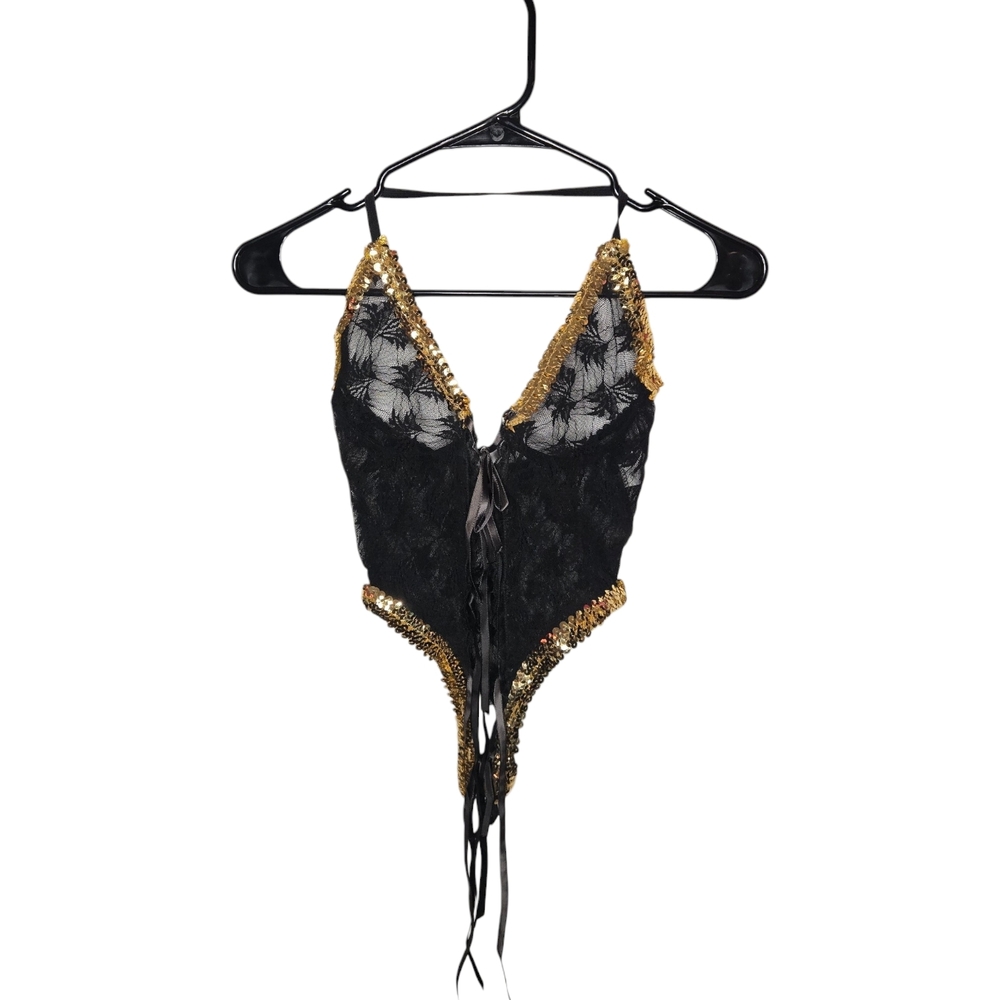 Vintage Fredrick's Of Hollywood Black and Gold Lace Teddy Bodysuit ✨️✨️